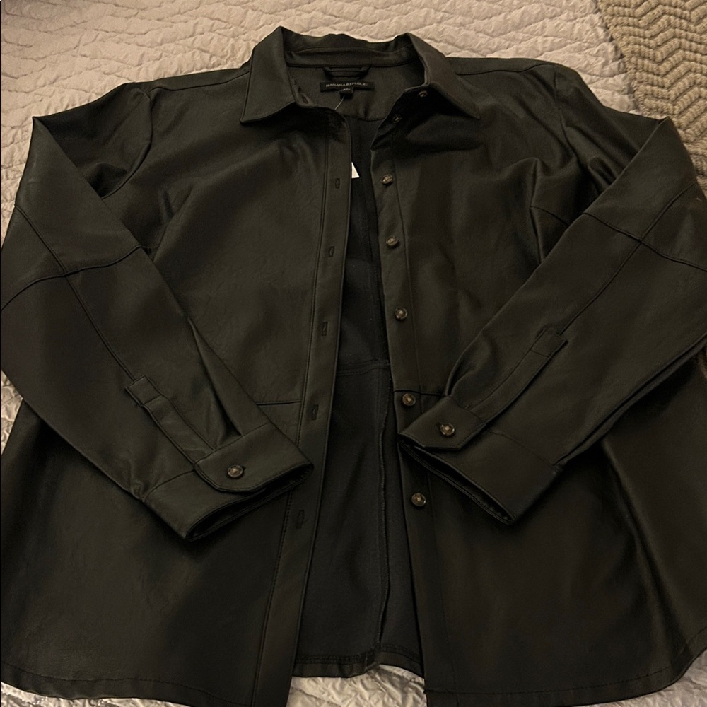 Women’s Black Coated Faux Leather Shirt Jacket